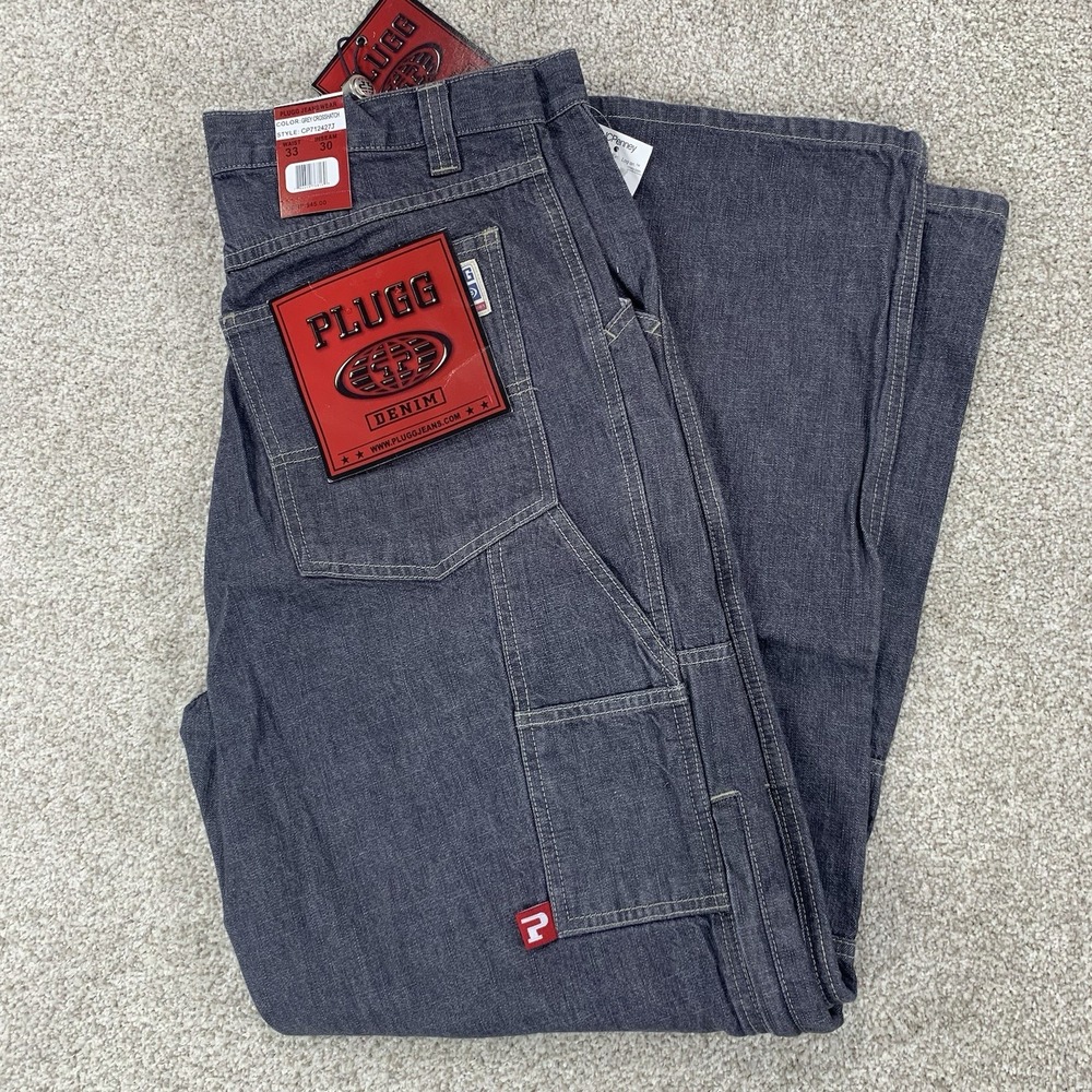 NWT Y2K‎ Plugg Carpenter Jeans 33x30 Grey Wash Knee Zipper Pockets Baggy